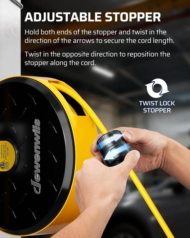 Alt view image 6 of 7 - Ceiling/Wall Mount Retractable Extension Cord Reel with 30FT Cord 16/3 SJTW Power Cord, 3 Lighted Triple Outlets, Work for Garage Shop, 10 Amp Circuit Breaker, Metal Plate, ETL Listed, Yellow