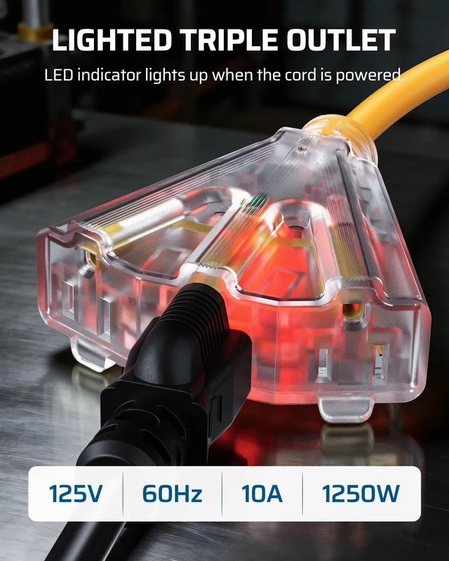 Alt view image 7 of 7 - Ceiling/Wall Mount Retractable Extension Cord Reel with 30FT Cord 16/3 SJTW Power Cord, 3 Lighted Triple Outlets, Work for Garage Shop, 10 Amp Circuit Breaker, Metal Plate, ETL Listed, Yellow