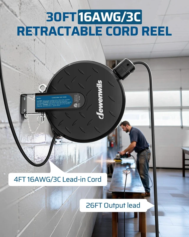 Alt view image 2 of 7 - Ceiling/Wall Mount Retractable Extension Cord Reel with 30FT Cord 16/3 SJTW Power Cord, 3 Lighted Triple Outlets, Works for Garage Shop, 10 Amp Circuit Breaker, Metal Plate, ETL Listed, Black