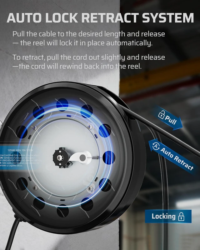 Alt view image 5 of 7 - Ceiling/Wall Mount Retractable Extension Cord Reel with 30FT Cord 16/3 SJTW Power Cord, 3 Lighted Triple Outlets, Works for Garage Shop, 10 Amp Circuit Breaker, Metal Plate, ETL Listed, Black