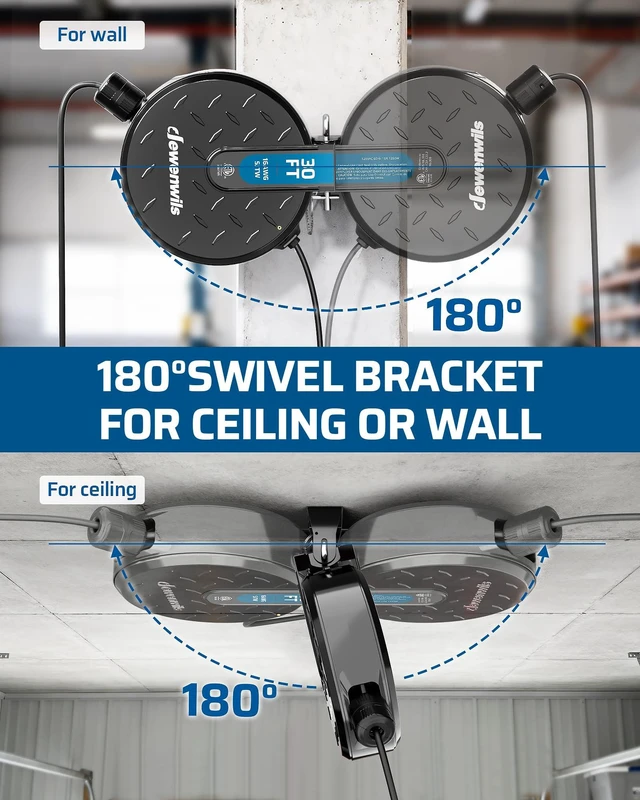 Alt view image 4 of 7 - Ceiling/Wall Mount Retractable Extension Cord Reel with 30FT Cord 16/3 SJTW Power Cord, 3 Lighted Triple Outlets, Works for Garage Shop, 10 Amp Circuit Breaker, Metal Plate, ETL Listed, Black