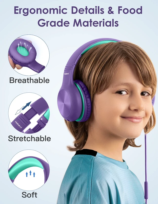 Alt view image 2 of 7 - Headphones for Kids for School, Kids Headphones with Microphone, Sharing Function, 85dB/94dB Safe Volume Limit, HD Sound, Over Ear Kid Headphone for School, On-line Study, Travel, Purple