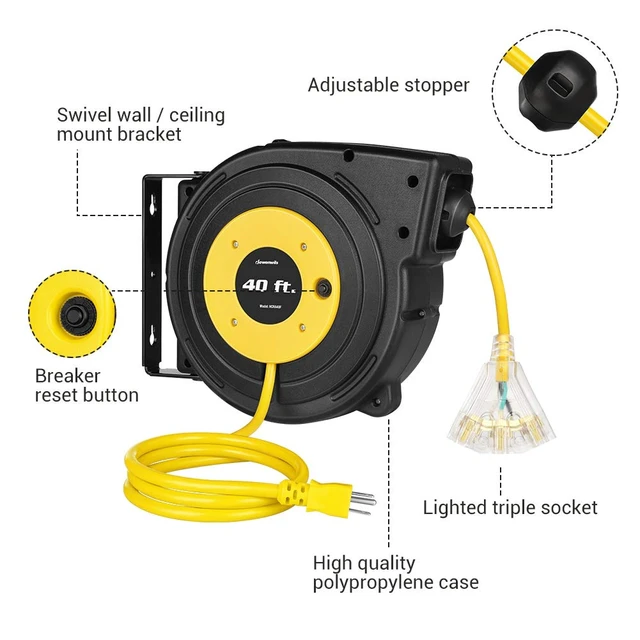 Alt view image 5 of 7 - 40FT Retractable Extension Cord Reel, 12AWG, UL Listed, Yellow 3-Lighted Triple Outlets,SJTOW Cord,15A Circuit Breaker, Wall/Ceiling Mounted,180°Swivel Bracket,Automatic Retractable