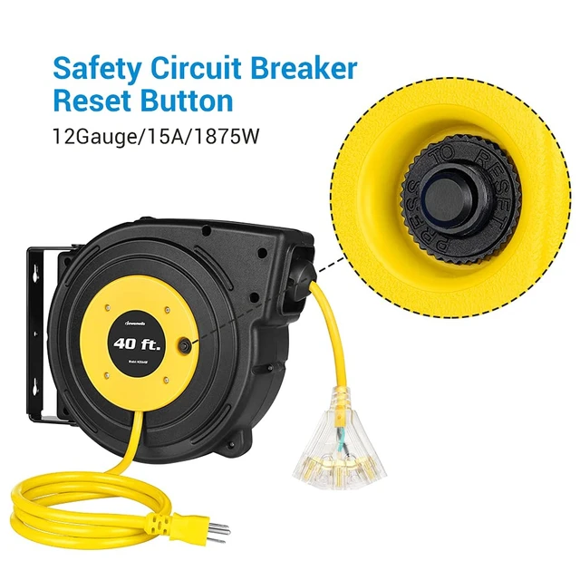 Alt view image 7 of 7 - 40FT Retractable Extension Cord Reel, 12AWG, UL Listed, Yellow 3-Lighted Triple Outlets,SJTOW Cord,15A Circuit Breaker, Wall/Ceiling Mounted,180°Swivel Bracket,Automatic Retractable