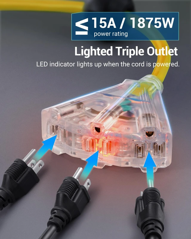 Alt view image 6 of 7 - 40FT Retractable Extension Cord Reel, 12AWG, UL Listed, Yellow 3-Lighted Triple Outlets,SJTOW Cord,15A Circuit Breaker, Wall/Ceiling Mounted,180°Swivel Bracket,Automatic Retractable