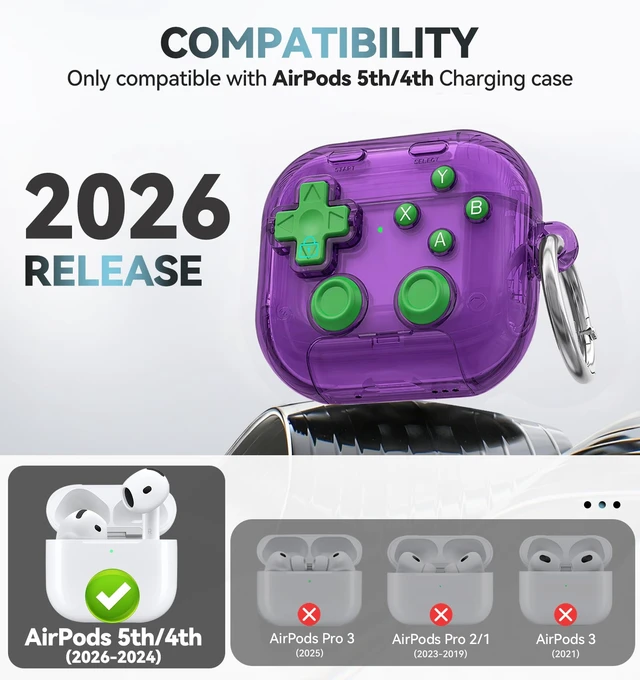 Alt view image 5 of 7 - for AirPods 5/4 Case (2026/2024) with Safety Lock-Clear Purple with Pressable Button, As Phone Stand,Two-Piece Design,Support Wireless,Cool Funny Gifts Case for Women Men to Relief Stress
