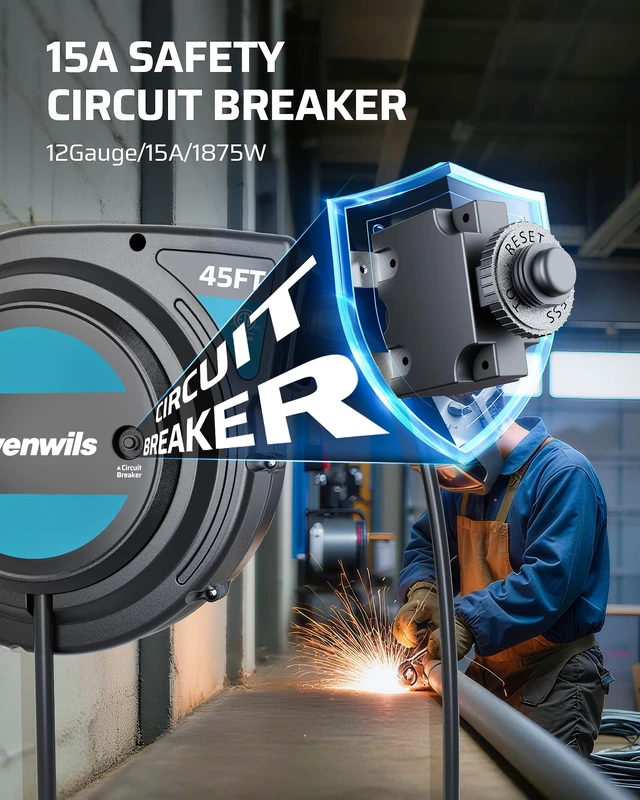 Alt view image 7 of 7 - Extension Cord Reel with Twist-lock Stopper, 45FT, 12/3C SJTOW Brighter Triple Tap Outlet, 15A Circuit Breaker, 180° Swivel Bracket, Heavy Duty Power Cord Reel