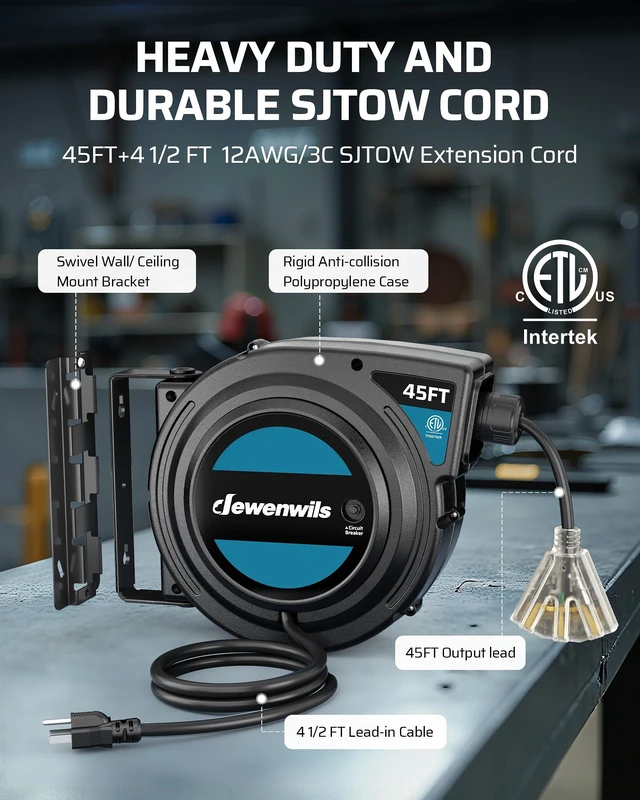 Alt view image 5 of 7 - Extension Cord Reel with Twist-lock Stopper, 45FT, 12/3C SJTOW Brighter Triple Tap Outlet, 15A Circuit Breaker, 180° Swivel Bracket, Heavy Duty Power Cord Reel