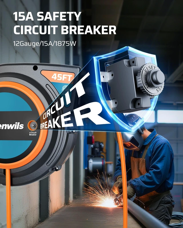 Alt view image 7 of 7 - 45FT Extension Cord Reel with Twist-lock Stopper, 12/3C/15A SJTOW 15A Circuit Breaker,Automatic Retractable,180°Swivel Bracket, Portable for Garage, Workshop