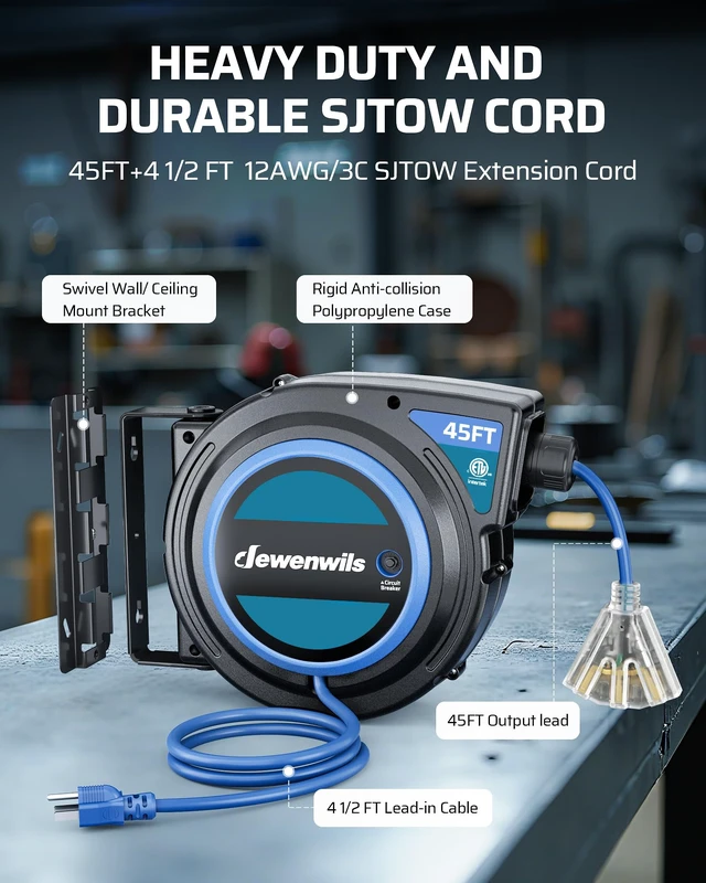 Alt view image 5 of 7 - 45FT Extension Cord Reel with Twist-lock Stopper, 12AWG SJTOW Power Cord, 15A Circuit Breaker, Automatic Retractable, 180° Swivel Bracket for Garage Workshop