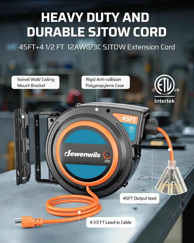 Alt view image 5 of 7 - 45FT Extension Cord Reel with Twist-lock Stopper, 12/3C/15A SJTOW 15A Circuit Breaker,Automatic Retractable,180°Swivel Bracket, Portable for Garage, Workshop