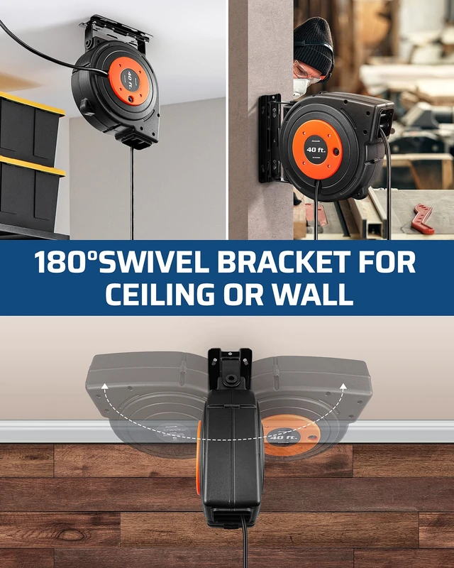 Alt view image 7 of 7 - 40FT Extension Cord Reel with 6 Grounded Outlets, 12/3C SJTOW 15A Circuit Breaker,Automatic Retractable,Twist-Lock Stopper, 180°Swivel Bracket,Wall/Ceiling Mounted for Garage Workshop