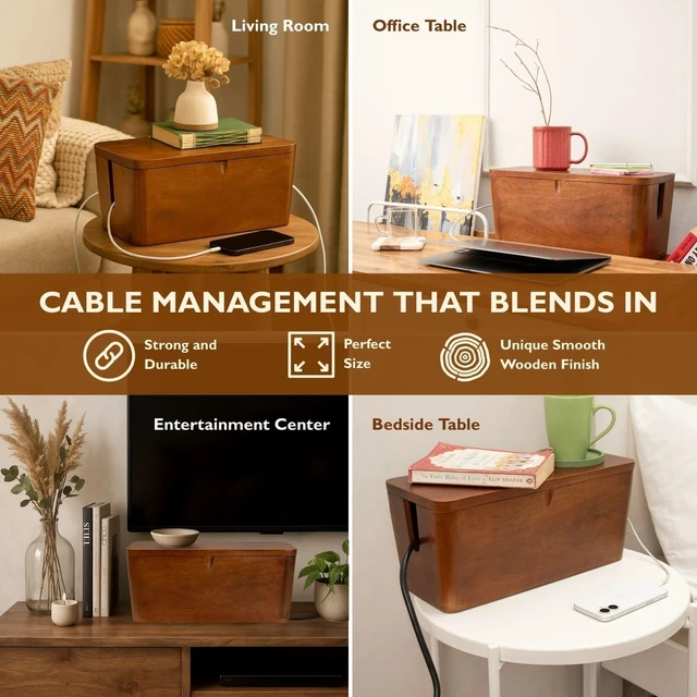 Alt view image 3 of 7 - Extra Large Cable Management Box, Power Strip & Cord Hider, Desk Organizer 7 in Tall for Bulky Adapters and Plugs, Hides Surge Protector and Charging Station, Handmade Mango Wood