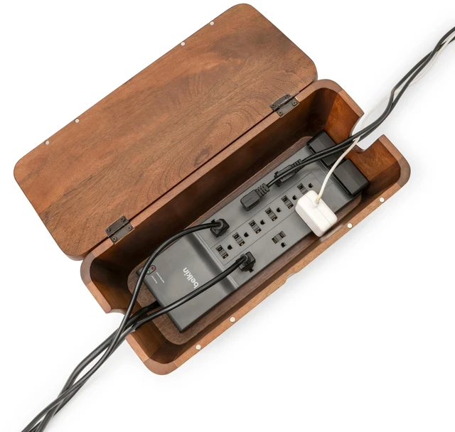 Alt view image 5 of 7 - Extra Large Cable Management Box, Power Strip & Cord Hider, Desk Organizer 7 in Tall for Bulky Adapters and Plugs, Hides Surge Protector and Charging Station, Handmade Mango Wood