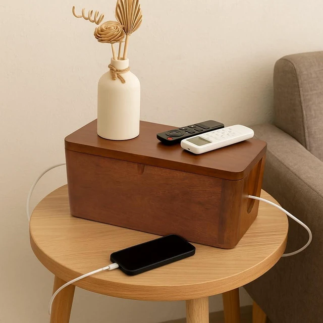 Alt view image 7 of 7 - Extra Large Cable Management Box, Power Strip & Cord Hider, Desk Organizer 7 in Tall for Bulky Adapters and Plugs, Hides Surge Protector and Charging Station, Handmade Mango Wood