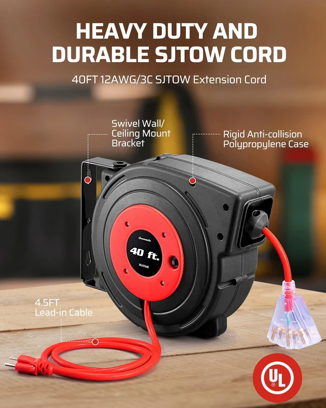 Alt view image 4 of 7 - 40FT Retractable Cord Reel, 12/3C/15A SJTOW, UL Listed, Red Heavy Duty Power Cord,15A Circuit Breaker, Ceiling/Wall Mount,180° Swivel Bracket,Automatic Retractable for Workshop