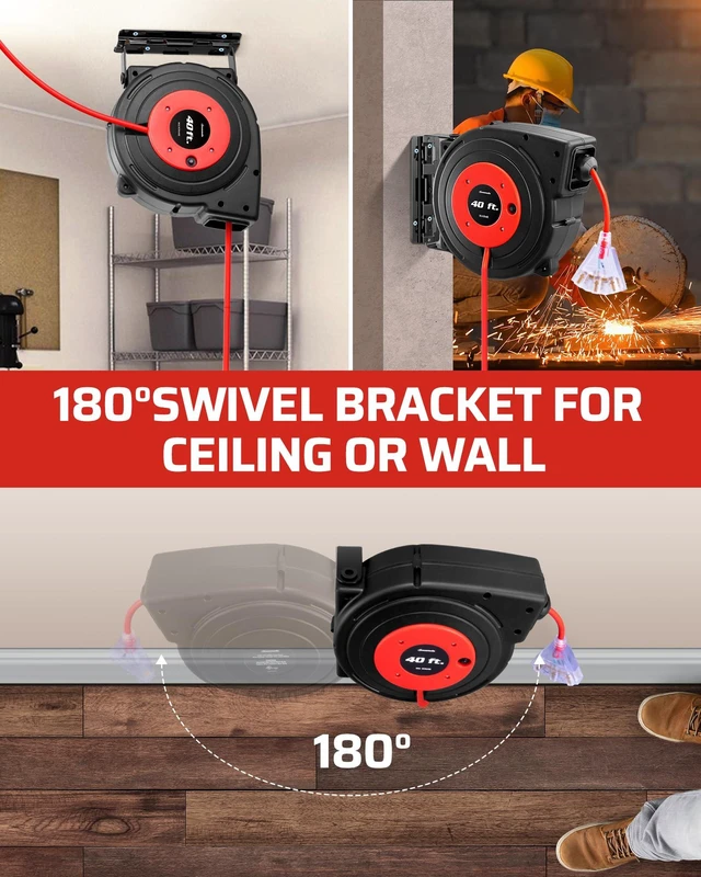 Alt view image 7 of 7 - 40FT Retractable Cord Reel, 12/3C/15A SJTOW, UL Listed, Red Heavy Duty Power Cord,15A Circuit Breaker, Ceiling/Wall Mount,180° Swivel Bracket,Automatic Retractable for Workshop