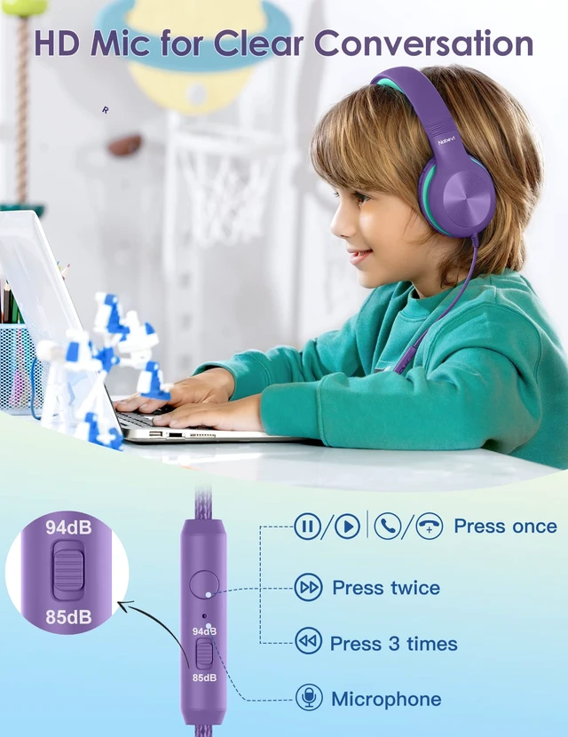 Alt view image 4 of 7 - Headphones for Kids for School, Kids Headphones with Microphone, Sharing Function, 85dB/94dB Safe Volume Limit, HD Sound, Over Ear Kid Headphone for School, On-line Study, Travel, Purple