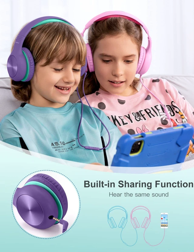Alt view image 5 of 7 - Headphones for Kids for School, Kids Headphones with Microphone, Sharing Function, 85dB/94dB Safe Volume Limit, HD Sound, Over Ear Kid Headphone for School, On-line Study, Travel, Purple