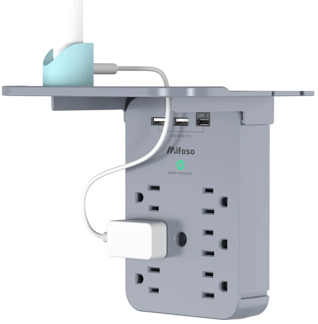 Main image of Wall Outlet Extender with Shelf, Surge Protector 6 AC Multi Plug Outlet 3 USB Charger Station Splitter Expander for Bathroom Home, Gray