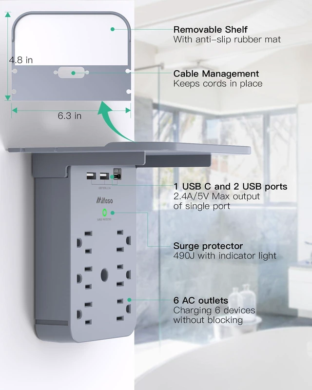 Alt view image 4 of 6 - Wall Outlet Extender with Shelf, Surge Protector 6 AC Multi Plug Outlet 3 USB Charger Station Splitter Expander for Bathroom Home, Gray