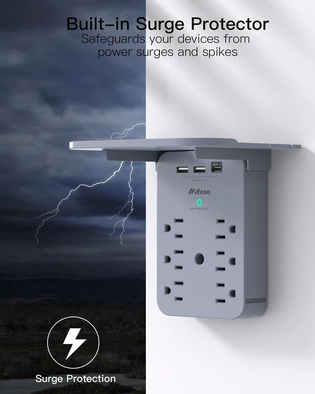 Alt view image 5 of 6 - Wall Outlet Extender with Shelf, Surge Protector 6 AC Multi Plug Outlet 3 USB Charger Station Splitter Expander for Bathroom Home, Gray