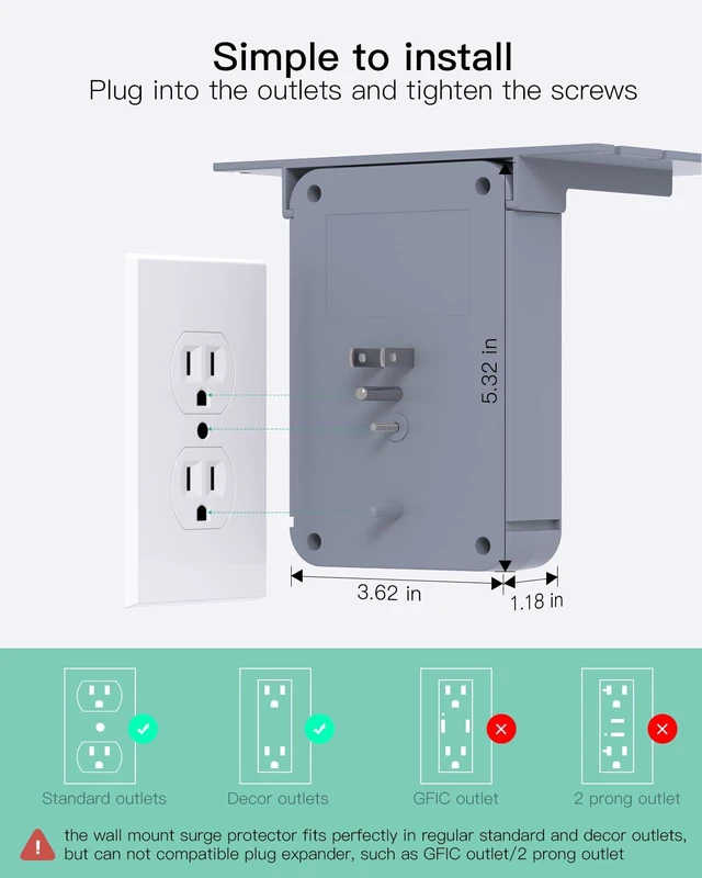 Alt view image 6 of 6 - Wall Outlet Extender with Shelf, Surge Protector 6 AC Multi Plug Outlet 3 USB Charger Station Splitter Expander for Bathroom Home, Gray
