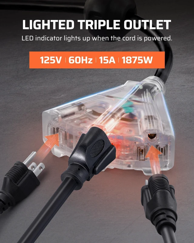 Alt view image 5 of 7 - 40FT Retractable Extension Cord Reel, 12AWG/3C SJTOW, UL Listed 15A Circuit Breaker,3 Grounded Outlets Lighted Triple Tap,Ceiling/Wall Mount, 180°Swivel Bracket, Automatic Retractable