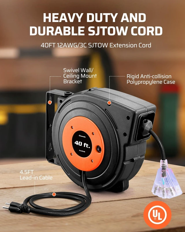 Alt view image 6 of 7 - 40FT Retractable Extension Cord Reel, 12AWG/3C SJTOW, UL Listed 15A Circuit Breaker,3 Grounded Outlets Lighted Triple Tap,Ceiling/Wall Mount, 180°Swivel Bracket, Automatic Retractable