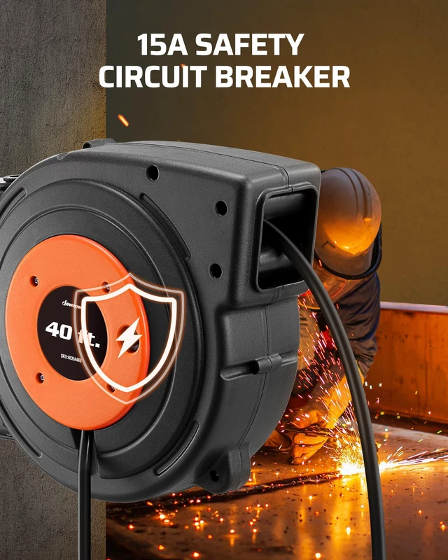 Alt view image 7 of 7 - 40FT Retractable Extension Cord Reel, 12AWG/3C SJTOW, UL Listed 15A Circuit Breaker,3 Grounded Outlets Lighted Triple Tap,Ceiling/Wall Mount, 180°Swivel Bracket, Automatic Retractable