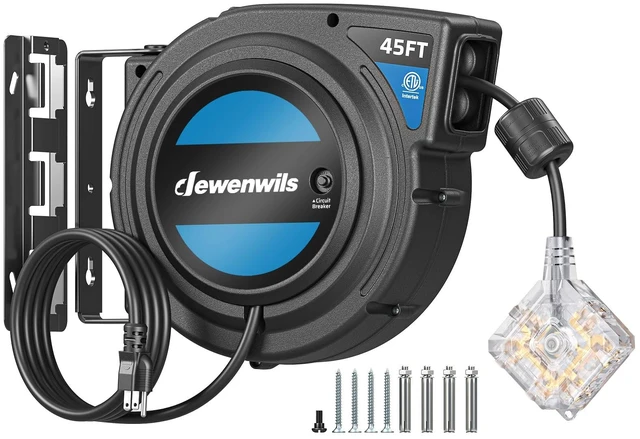 Main image of 45FT Retractable Extension Cord Reel, 6 Outlets, 12/3AWG SJTOW 15A Circuit Breaker,Automatic Retractable,Twist-Lock Stopper, 180°Swivel Bracket, Lighted Plug End for Garage,Workshop
