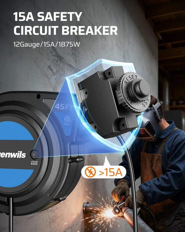 Alt view image 5 of 7 - 45FT Retractable Extension Cord Reel, 6 Outlets, 12/3AWG SJTOW 15A Circuit Breaker,Automatic Retractable,Twist-Lock Stopper, 180°Swivel Bracket, Lighted Plug End for Garage,Workshop