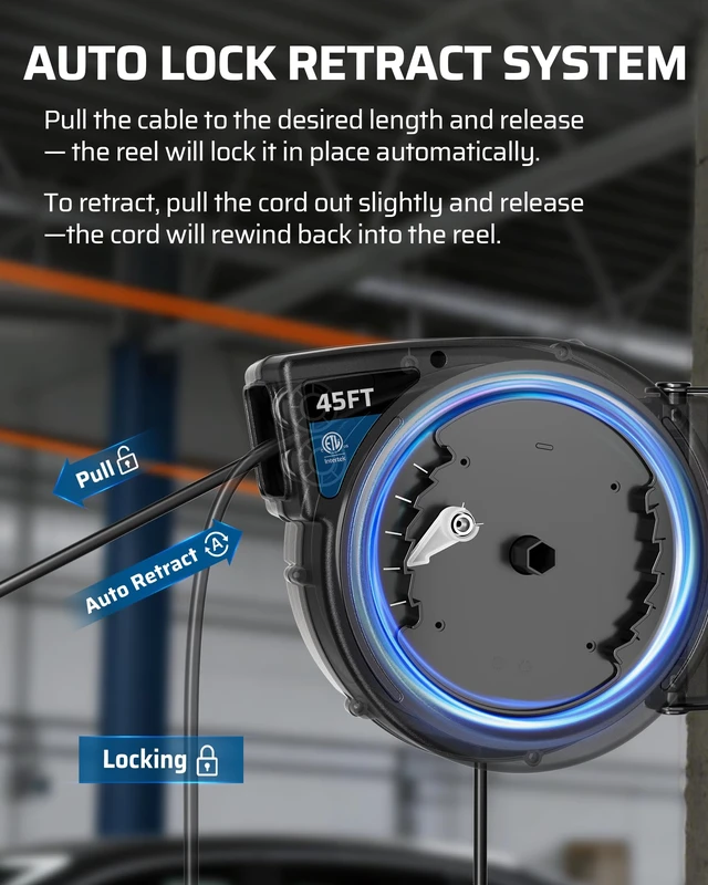Alt view image 6 of 7 - 45FT Retractable Extension Cord Reel, 6 Outlets, 12/3AWG SJTOW 15A Circuit Breaker,Automatic Retractable,Twist-Lock Stopper, 180°Swivel Bracket, Lighted Plug End for Garage,Workshop