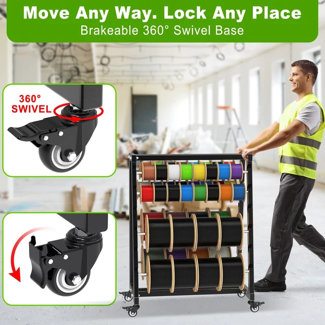 Alt view image 3 of 7 - Heavy-Duty 12-Rod Wire Spool Rack, Wire Cart with Locking Wheels 400lb Capacity Steel Cable Caddy & Dispenser with Adjustable Stainless Steel Spool Rods for Electrical Industrial Retail Use