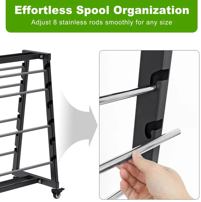 Alt view image 4 of 7 - Heavy-Duty 12-Rod Wire Spool Rack, Wire Cart with Locking Wheels 400lb Capacity Steel Cable Caddy & Dispenser with Adjustable Stainless Steel Spool Rods for Electrical Industrial Retail Use