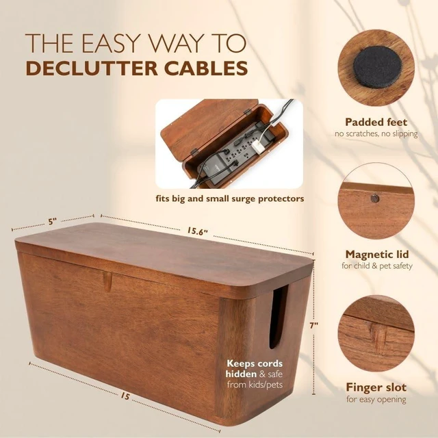 Alt view image 2 of 7 - Extra Large Cable Management Box, Power Strip & Cord Hider, Desk Organizer 7 in Tall for Bulky Adapters and Plugs, Hides Surge Protector and Charging Station, Handmade Mango Wood