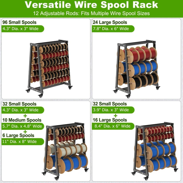 Alt view image 2 of 7 - Heavy-Duty 12-Rod Wire Spool Rack, Wire Cart with Locking Wheels 400lb Capacity Steel Cable Caddy & Dispenser with Adjustable Stainless Steel Spool Rods for Electrical Industrial Retail Use