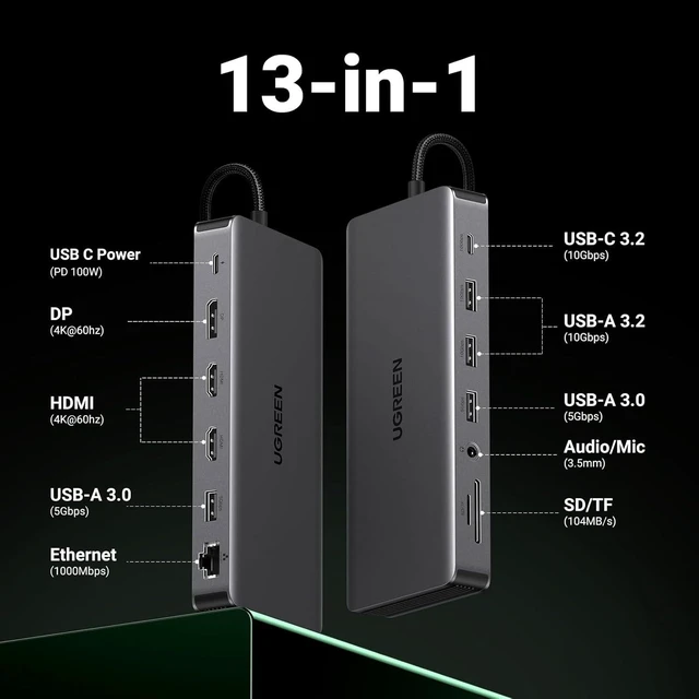 Alt view image 7 of 7 - UGREEN Revodok Pro 313 Laptop Docking Station 13 in 1 4K Triple Display USB C Dock Dual HDMI, DP, 10Gbps Data Port 100W PD Gigabit Ethernet, SD/TF Card Reader Compatible for Thinkpad, Zenbook and more