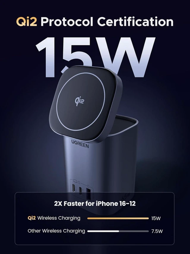 Alt view image 3 of 7 - UGREEN Nexode 65W GaN Charging Station 3-Port with 15W Qi2 Wireless Charger Stand Foldable, Magsafe Charger Station Magnetic Charger Compatible with iPhone 16/15/14/13/12, Galaxy S24, iPad Air, etc