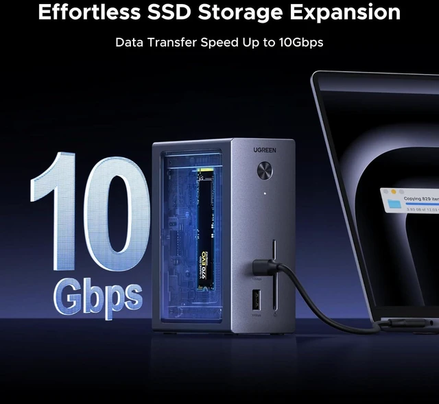 Alt view image 3 of 7 - UGREEN Revodok NVMe Docking Station 10-in-1 USB-C Hub 4K@60Hz HDMI, M.2 NVMe SSD Enclosure, 10Gbps USB-C/A, 100W PD Charging, Gigabit Ethernet, SD/TF for MacBook M5, Mac mini M4, Windows Laptop