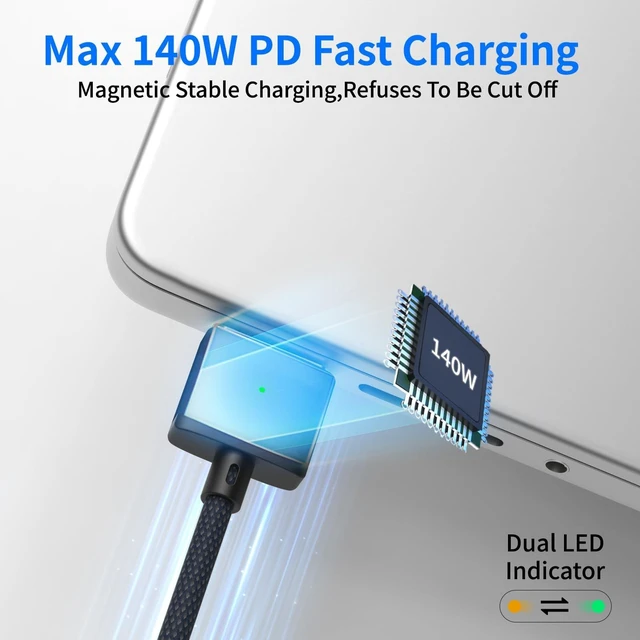Alt view image 2 of 5 - EGTPPJP USB-C to Magnetic 3 Cable 140W 6.6ft, Compatible with Magnetic Charging Cable for MacBook Pro 2021 M1 Pro & Max 14" 16", Air 2022 M2, Pro 2023 M2 Pro & Max 14" 16" - Blue