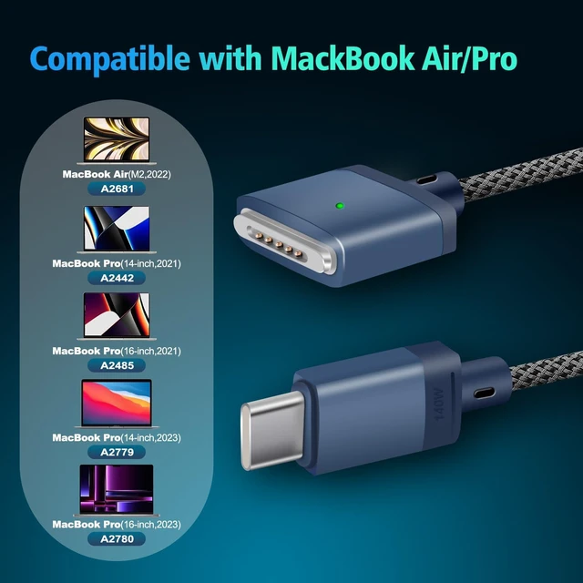 Alt view image 3 of 5 - JHXG 140W USB C to Mag 3 Fast Charging Cable 6.6ft Compatible MacBook Air 2022 M2, MacBook Pro 2021 M1 Pro & Max Chip 14" 16", MacBook Pro 2023 M2 Pro & Max Chip 14" 16", Safe 3 Cable for MacBook