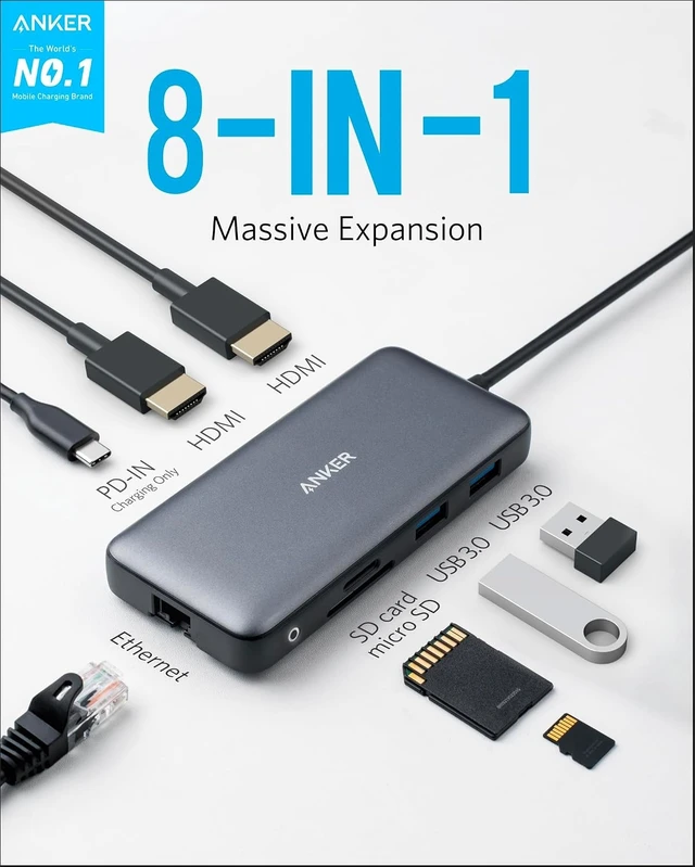 Alt view image 2 of 7 - Laptop Docking Station Dual Monitor 8-in-1 USB C Hub 4K Dual Monitor with 2 HDMI 1 Gbps Ethernet Hub 85W Power Delivery SD Card Reader for MacBook Pro XPS and More (Charger not Included)