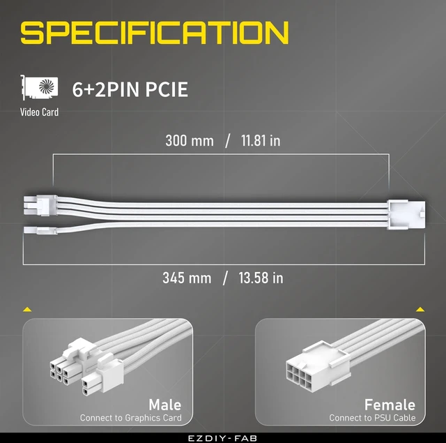 Alt view image 9 of 14 - PCIE 8-Pin Female to 8-Pin (6+2) Male Power Supply Adapter Extension Cable for Graphics Card or PCIE Device 11.8 inch (30 cm)-All White