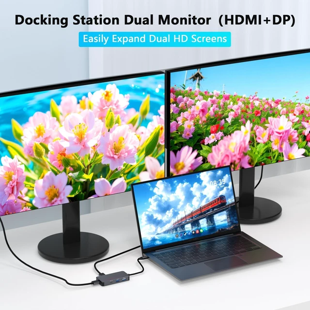 Alt view image 10 of 14 - 4K@60Hz HDMI Display Port USB C Docking Station Dual Monitor for Dell/HP/Mac Laptop, 7 in 1 USB C to HDMI and Displayport Multiport Adapter with USB3.0/USB-C Data/PD, Dual Monitor Docking Station