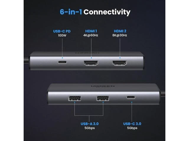 Alt view image 2 of 7 - UGREEN Revodok 206 Docking Station Dual Monitor 6 in 1 USB C Dock Dual HDMI 4K@60Hz Single 8K@30Hz 100W PD 5Gbps USB C and USB A Data Ports USB C Hub for XPS, ThinkPad and More