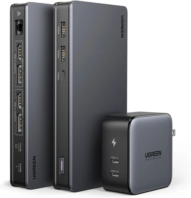 Main image of UGREEN USB C Docking Station with 100W GaN Charger, DisplayLink 9-in-1 4K@60hz Dual Monitor Dock for Mac & Windows with 2 DP & 2 HDMI, 10 Gbps USB C & USB-A, 100W PD, Gigabit Ethernet w/100W Charger