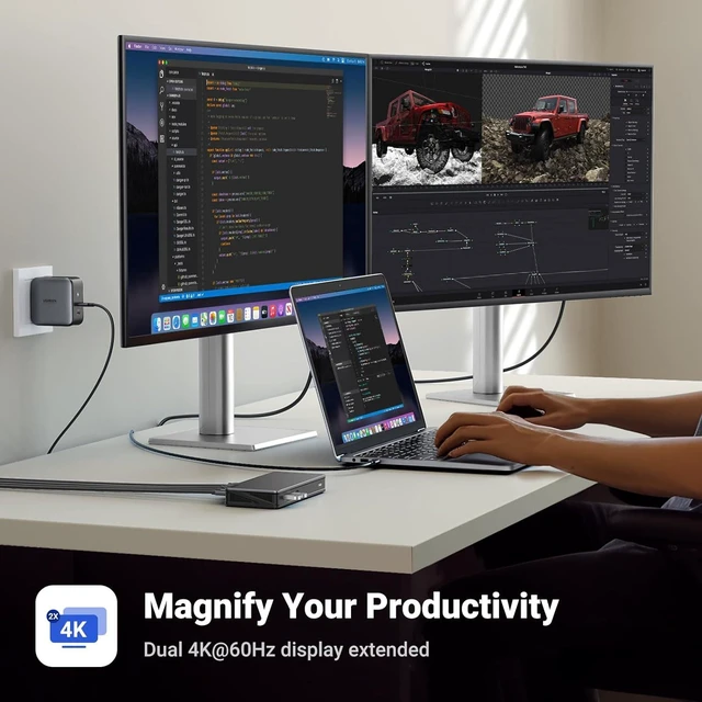 Alt view image 3 of 7 - UGREEN USB C Docking Station with 100W GaN Charger, DisplayLink 9-in-1 4K@60hz Dual Monitor Dock for Mac & Windows with 2 DP & 2 HDMI, 10 Gbps USB C & USB-A, 100W PD, Gigabit Ethernet w/100W Charger