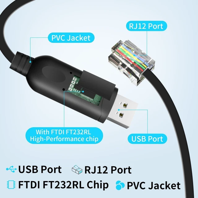 Alt view image 3 of 5 - 6.5ft USB to RJ12 Cable 6P4C RS232 Serial Cable with FTDI-FT232 Chip Adapter Cord for APC PDU UPS 940-0144 940-0144A (2)