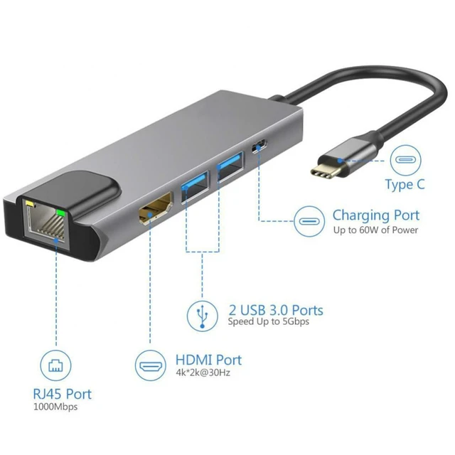 Alt view image 2 of 6 - 5-in-1 Type-C Hub Docking Station USB-C to Gigabit Ethernet Adapter, HDMI 4K, USB 3.0 x2, USB-C PD, USB-C Hub for Laptop / MacBook / Tablet